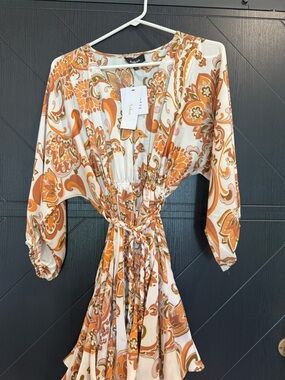 Aakaa Cream & Orange Paisley Rope Tie Dress Size Small